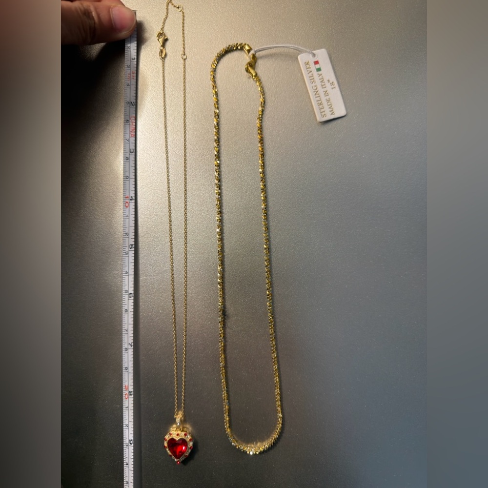 925 Sterling Silver Gold Necklace with Red Heart Pendant Set - Picture 2 of 2